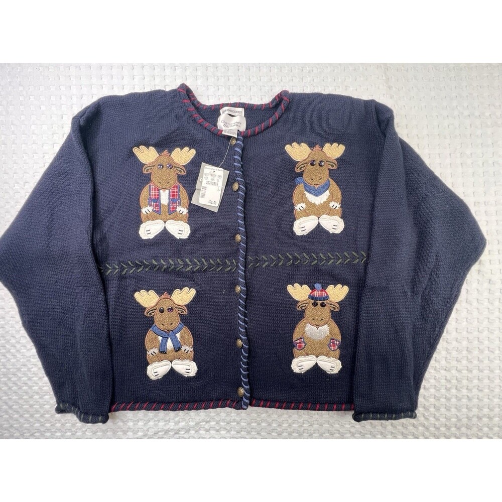 NWT CHRISTOPHER&BANKS Women's Sweater Cardigan Size L Hand Embroidered Moose Vtg